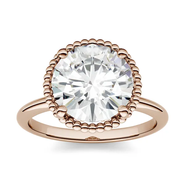 3.60 CTW DEW Round Forever One Moissanite Beaded Solitaire Engagement Ring in 14K Rose Gold