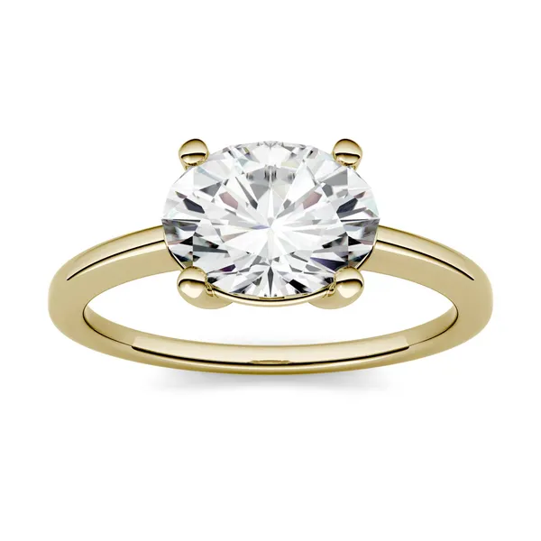 2.10 CTW DEW Oval Forever One Moissanite East-West Solitaire Engagement Ring in 14K Yellow Gold