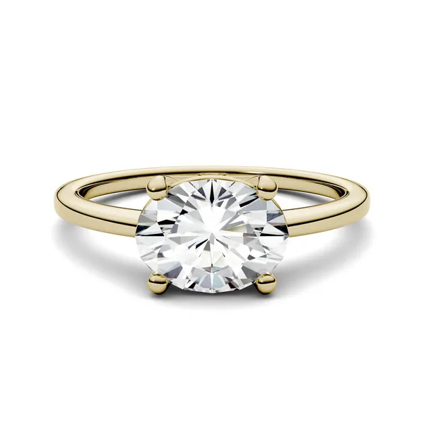 2.10 CTW DEW Oval Forever One Moissanite East-West Solitaire Engagement Ring in 14K Yellow Gold