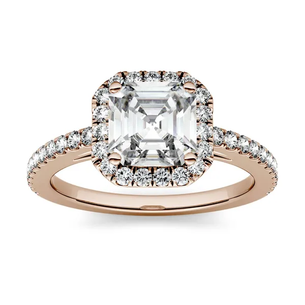 1.71 CTW DEW Asscher Forever One Moissanite Halo with Side Accents Engagement Ring in 14K Rose Gold
