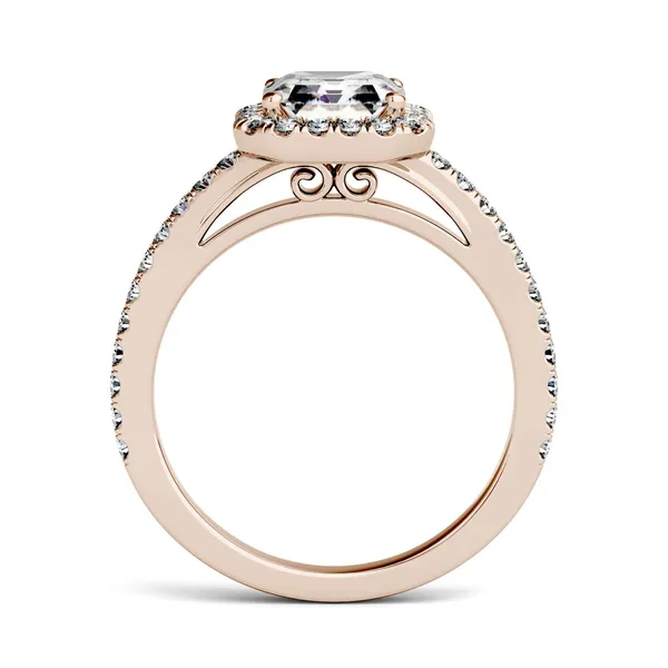 1.71 CTW DEW Asscher Forever One Moissanite Halo with Side Accents Engagement Ring in 14K Rose Gold
