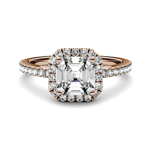 1.71 CTW DEW Asscher Forever One Moissanite Halo with Side Accents Engagement Ring in 14K Rose Gold