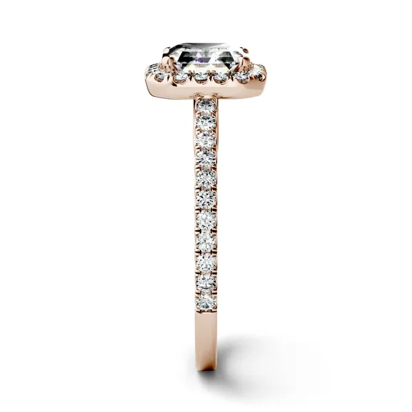 1.71 CTW DEW Asscher Forever One Moissanite Halo with Side Accents Engagement Ring in 14K Rose Gold