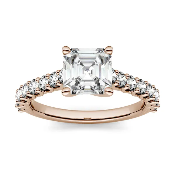 1.78 CTW DEW Asscher Forever One Moissanite Solitaire with Side Accents Engagement Ring in 14K Rose Gold