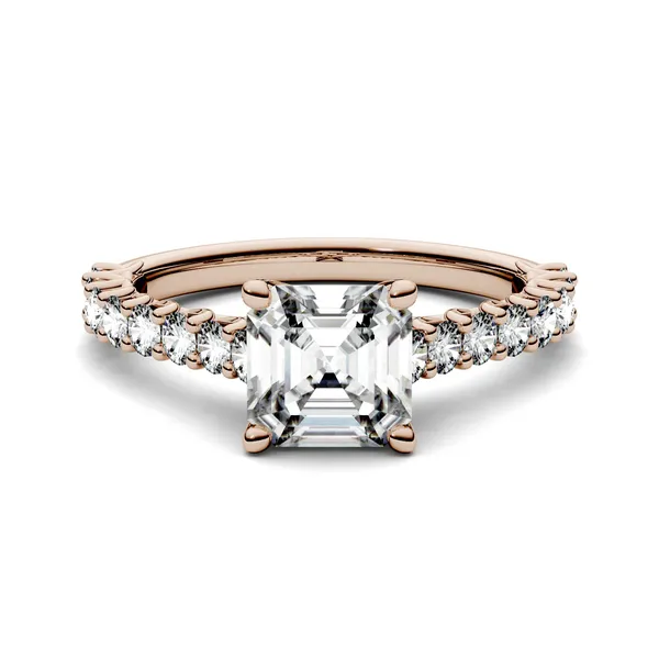 1.78 CTW DEW Asscher Forever One Moissanite Solitaire with Side Accents Engagement Ring in 14K Rose Gold