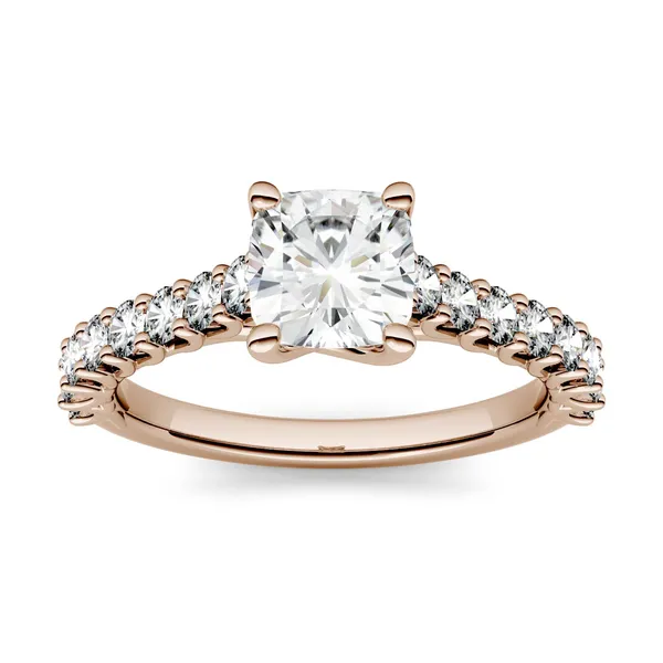 1.58 CTW DEW Cushion Forever One Moissanite Solitaire with Side Accents Engagement Ring in 14K Rose Gold