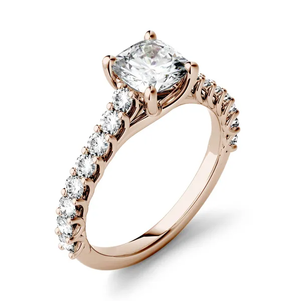 1.58 CTW DEW Cushion Forever One Moissanite Solitaire with Side Accents Engagement Ring in 14K Rose Gold