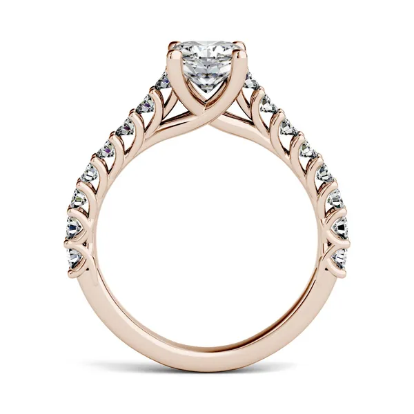 1.58 CTW DEW Cushion Forever One Moissanite Solitaire with Side Accents Engagement Ring in 14K Rose Gold