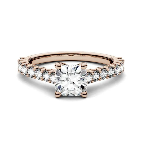 1.58 CTW DEW Cushion Forever One Moissanite Solitaire with Side Accents Engagement Ring in 14K Rose Gold