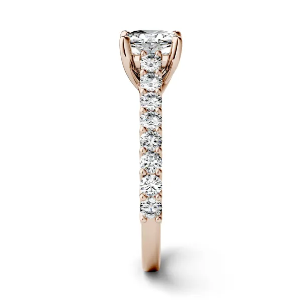 1.58 CTW DEW Cushion Forever One Moissanite Solitaire with Side Accents Engagement Ring in 14K Rose Gold