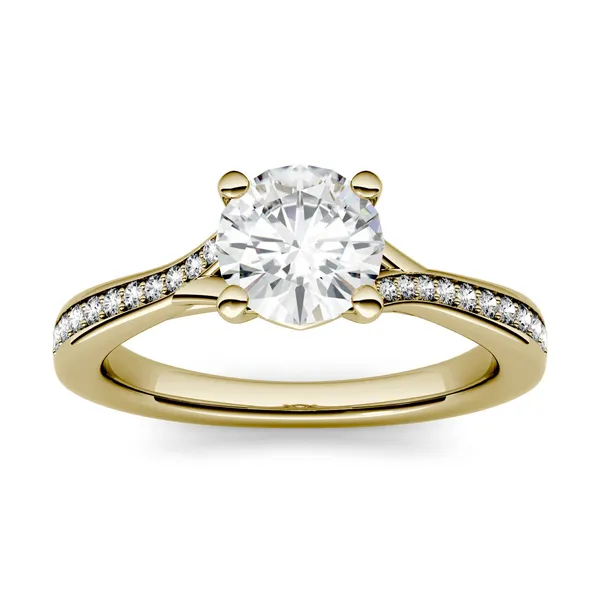 1.13 CTW DEW Round Forever One Moissanite Solitaire with Side Accents Engagement Ring in 14K Yellow Gold