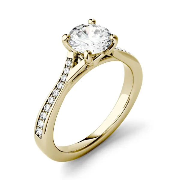 1.13 CTW DEW Round Forever One Moissanite Solitaire with Side Accents Engagement Ring in 14K Yellow Gold