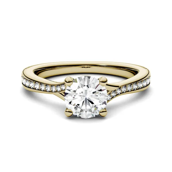 1.13 CTW DEW Round Forever One Moissanite Solitaire with Side Accents Engagement Ring in 14K Yellow Gold