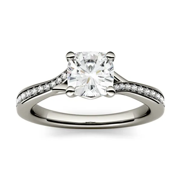 1.23 CTW DEW Cushion Forever One Moissanite Solitaire with Side Accents Engagement Ring in 14K White Gold