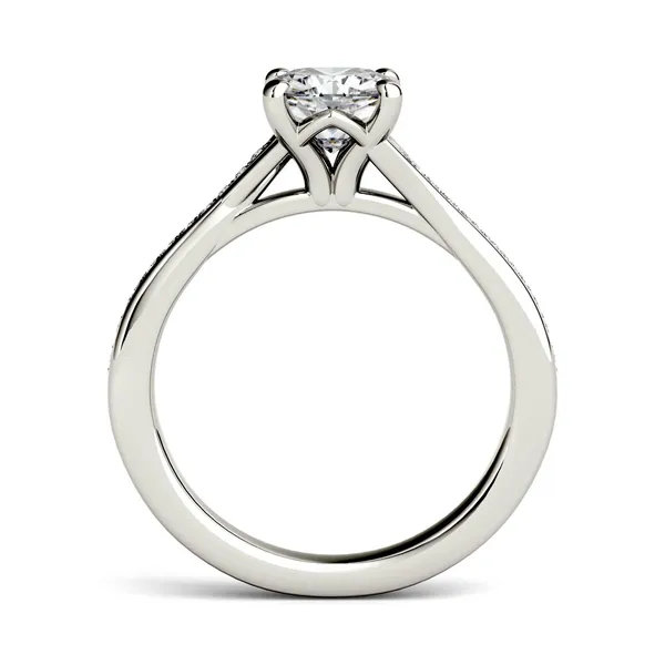 1.23 CTW DEW Cushion Forever One Moissanite Solitaire with Side Accents Engagement Ring in 14K White Gold