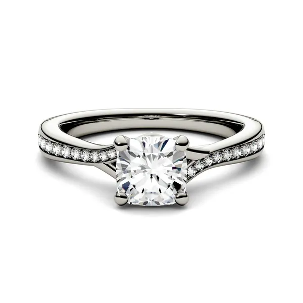 1.23 CTW DEW Cushion Forever One Moissanite Solitaire with Side Accents Engagement Ring in 14K White Gold