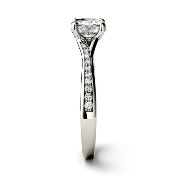 1.23 CTW DEW Cushion Forever One Moissanite Solitaire with Side Accents Engagement Ring in 14K White Gold