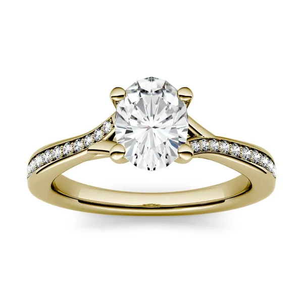 1.03 CTW DEW Oval Forever One Moissanite Solitaire with Side Accents Engagement Ring in 14K Yellow Gold