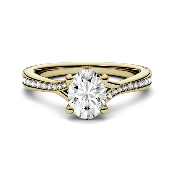 1.03 CTW DEW Oval Forever One Moissanite Solitaire with Side Accents Engagement Ring in 14K Yellow Gold