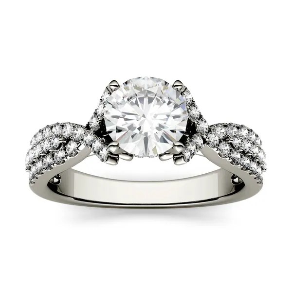 1.56 CTW DEW Round Forever One Moissanite Triple Row Solitaire with Side Accents Ring in 14K White Gold