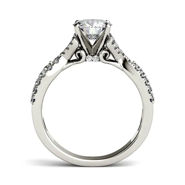 1.56 CTW DEW Round Forever One Moissanite Triple Row Solitaire with Side Accents Ring in 14K White Gold