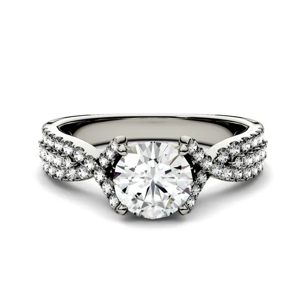 1.56 CTW DEW Round Forever One Moissanite Triple Row Solitaire with Side Accents Ring in 14K White Gold