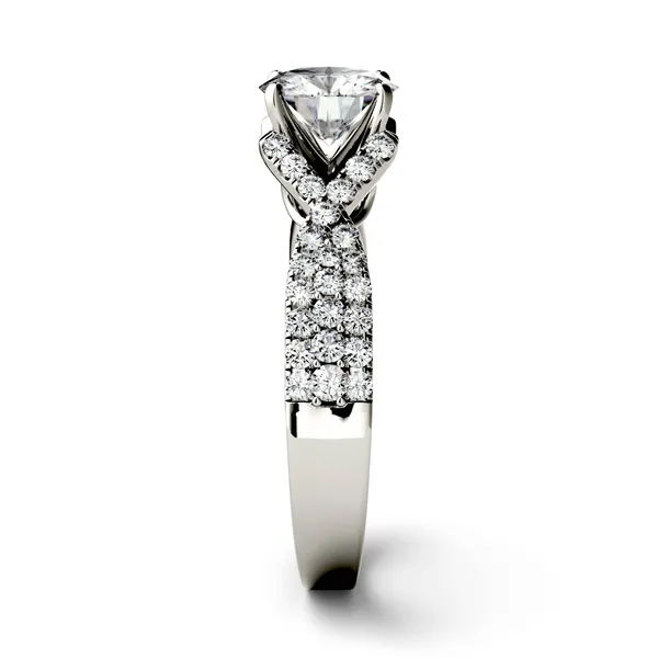 1.56 CTW DEW Round Forever One Moissanite Triple Row Solitaire with Side Accents Ring in 14K White Gold