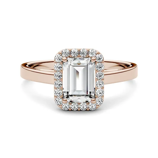 1.93 CTW DEW Emerald Forever One Moissanite Halo Engagement Ring in 14K Rose Gold