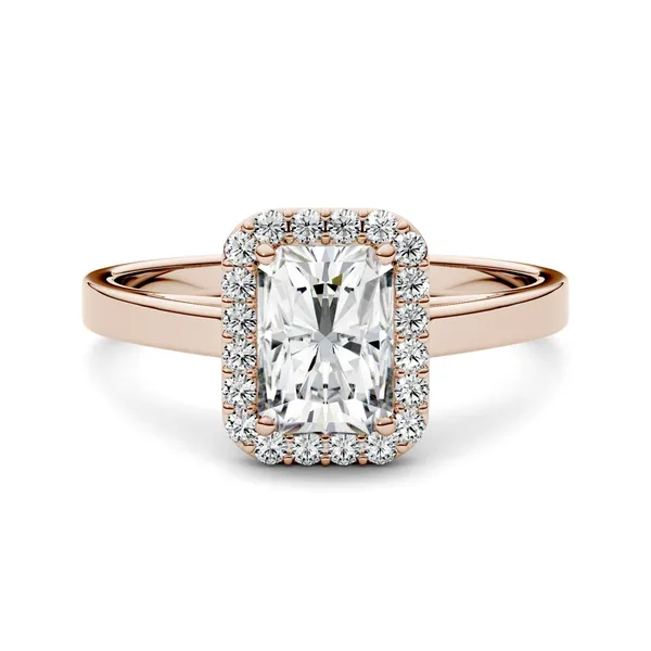 1.98 CTW DEW Radiant Forever One Moissanite Halo Engagement Ring in 14K Rose Gold