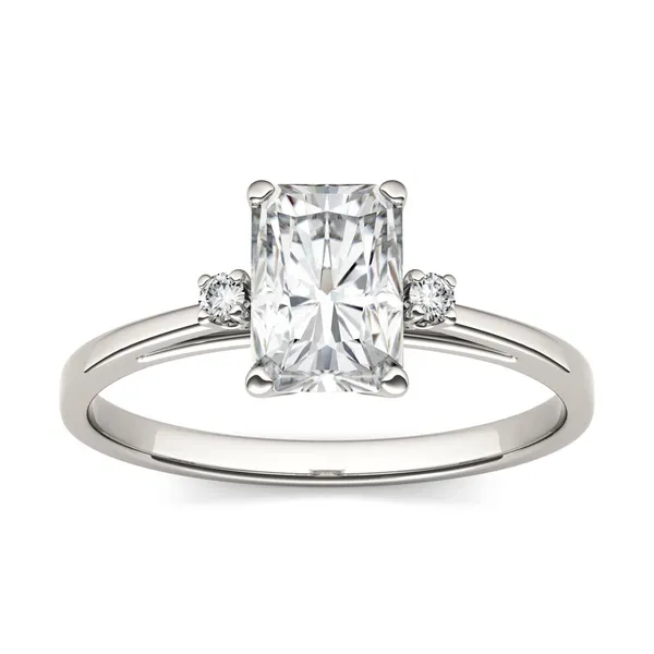 1.82 CTW DEW Radiant Forever One Moissanite Solitaire with Side Accents Engagement Ring in 14K White Gold