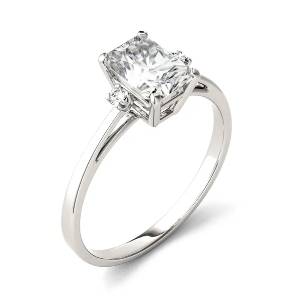 1.82 CTW DEW Radiant Forever One Moissanite Solitaire with Side Accents Engagement Ring in 14K White Gold