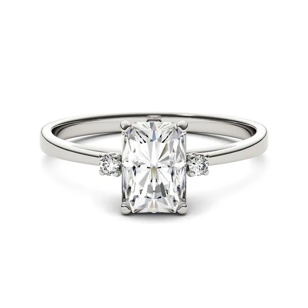 1.82 CTW DEW Radiant Forever One Moissanite Solitaire with Side Accents Engagement Ring in 14K White Gold