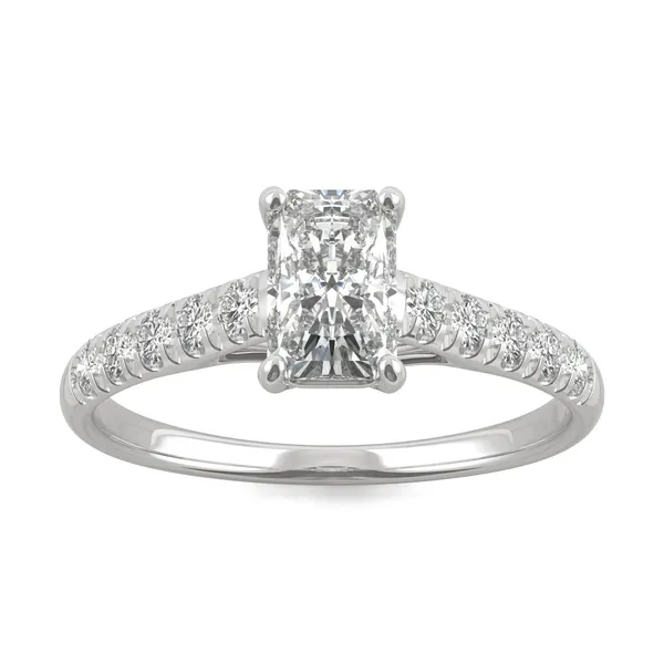 1.42 CTW DEW Radiant Forever One Moissanite Solitaire with Side Accents Engagement Ring in 14K White Gold