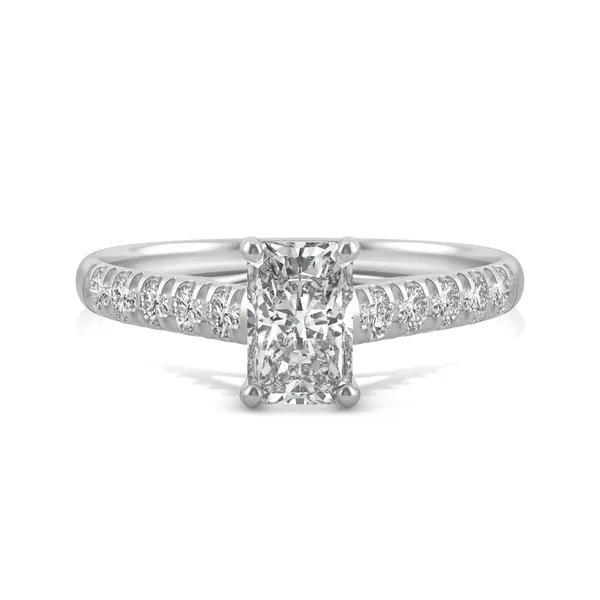 1.42 CTW DEW Radiant Forever One Moissanite Solitaire with Side Accents Engagement Ring in 14K White Gold