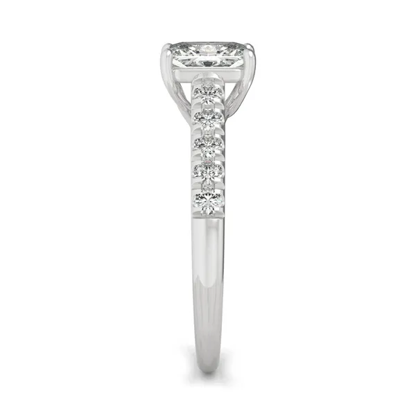 1.42 CTW DEW Radiant Forever One Moissanite Solitaire with Side Accents Engagement Ring in 14K White Gold