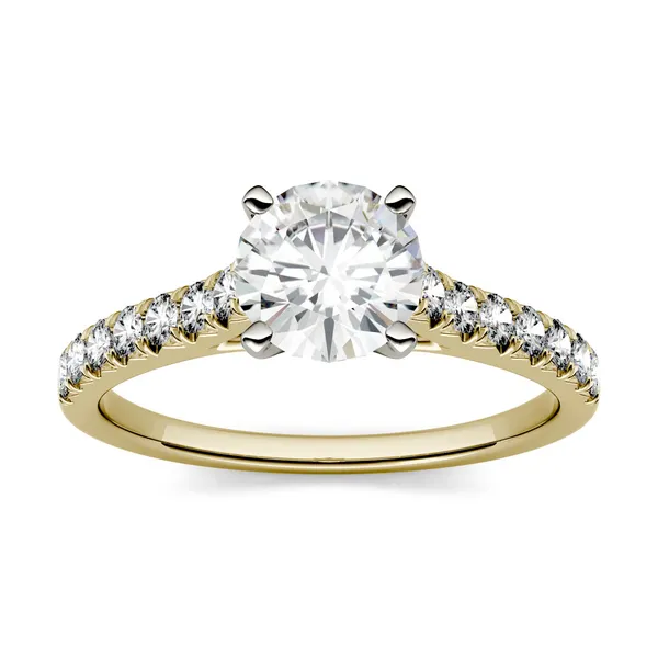 1.35 CTW DEW Round Forever One Moissanite Solitaire with Side Accents Engagement Ring in 14K Yellow Gold