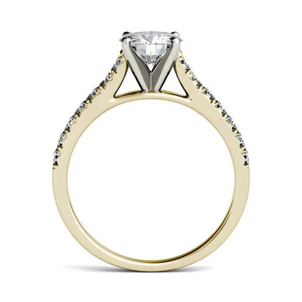 1.35 CTW DEW Round Forever One Moissanite Solitaire with Side Accents Engagement Ring in 14K Yellow Gold