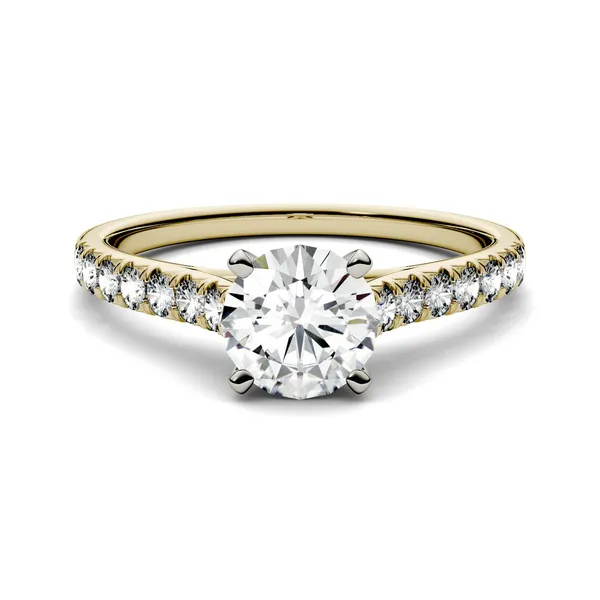 1.35 CTW DEW Round Forever One Moissanite Solitaire with Side Accents Engagement Ring in 14K Yellow Gold