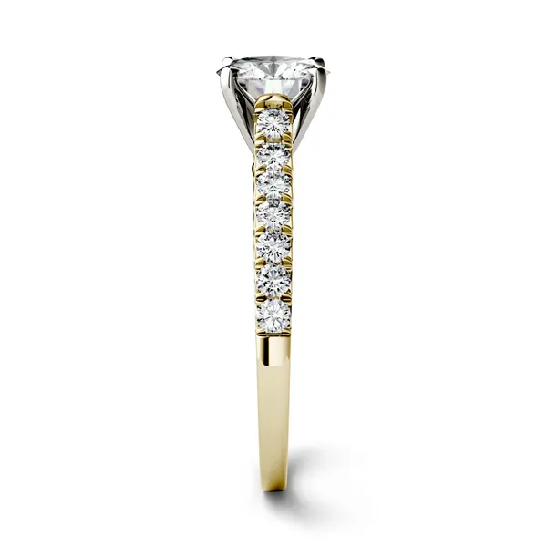1.35 CTW DEW Round Forever One Moissanite Solitaire with Side Accents Engagement Ring in 14K Yellow Gold
