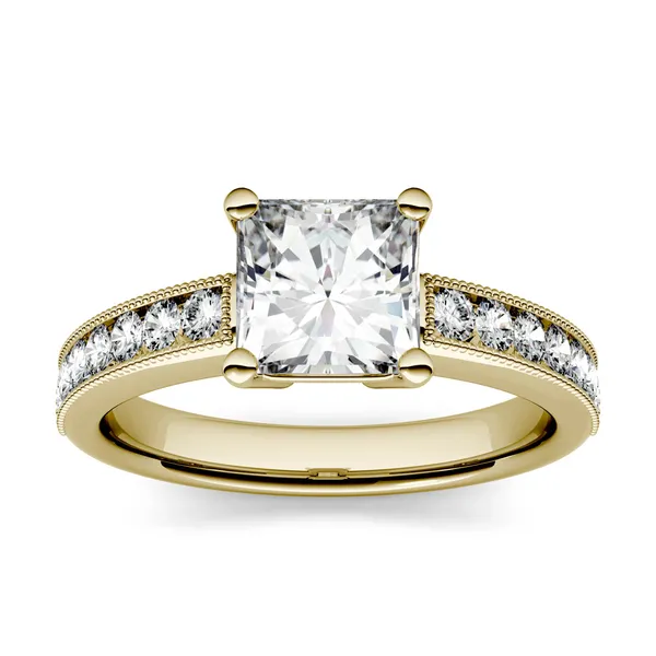 1.21 CTW DEW Princess Forever One Moissanite Solitaire with Milgrain Side Accents Engagement Ring in 14K Yellow Gold