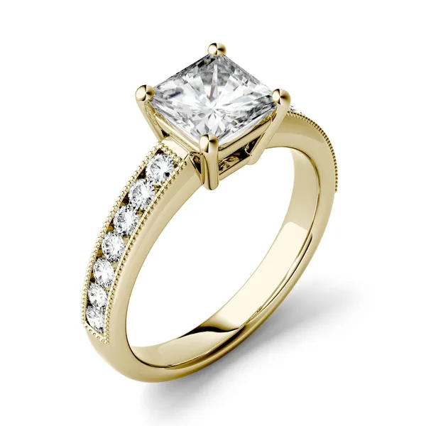 1.21 CTW DEW Princess Forever One Moissanite Solitaire with Milgrain Side Accents Engagement Ring in 14K Yellow Gold