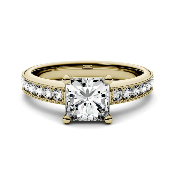 1.21 CTW DEW Princess Forever One Moissanite Solitaire with Milgrain Side Accents Engagement Ring in 14K Yellow Gold