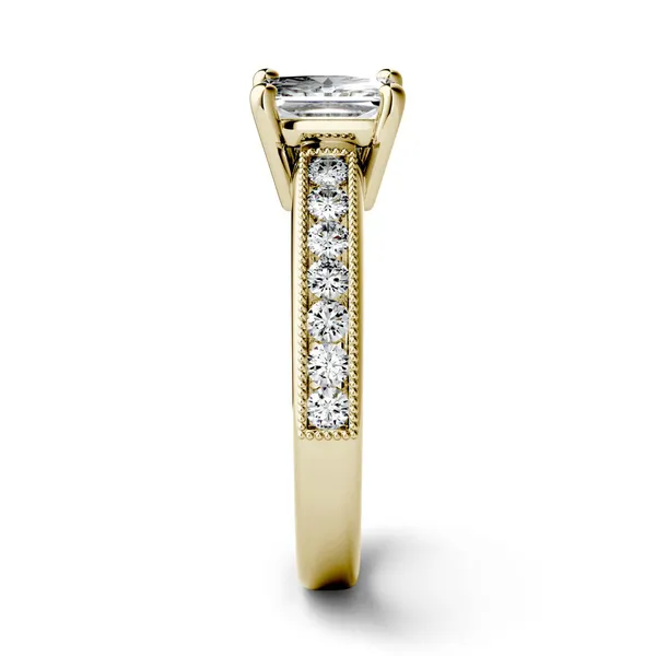 1.21 CTW DEW Princess Forever One Moissanite Solitaire with Milgrain Side Accents Engagement Ring in 14K Yellow Gold