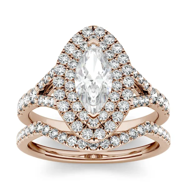 1.87 CTW DEW Marquise Forever One Moissanite Split Shank Double Halo Bridal Ring in 14K Rose Gold
