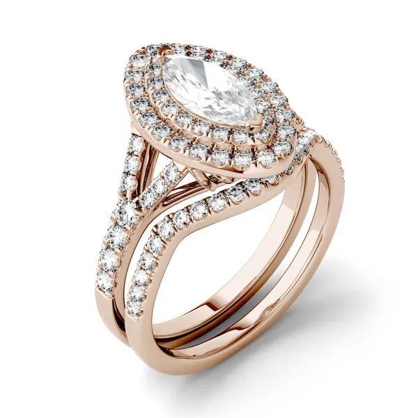 1.87 CTW DEW Marquise Forever One Moissanite Split Shank Double Halo Bridal Ring in 14K Rose Gold