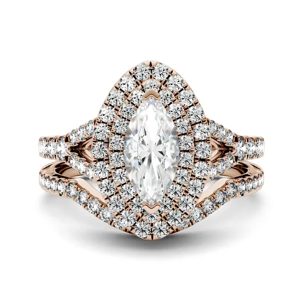 1.87 CTW DEW Marquise Forever One Moissanite Split Shank Double Halo Bridal Ring in 14K Rose Gold