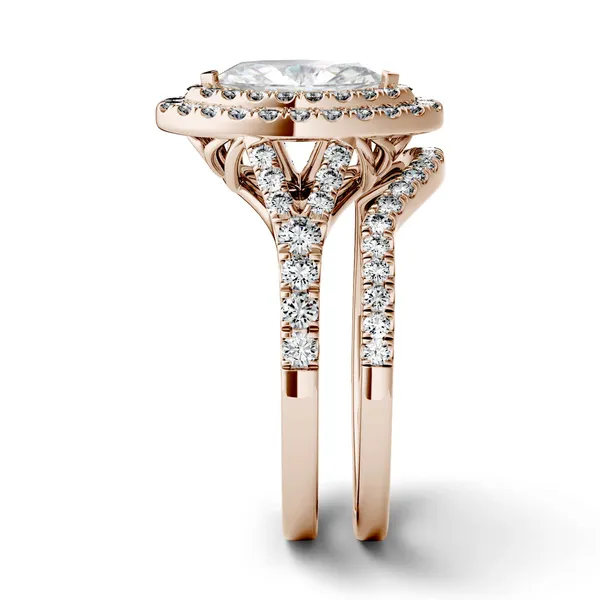 1.87 CTW DEW Marquise Forever One Moissanite Split Shank Double Halo Bridal Ring in 14K Rose Gold