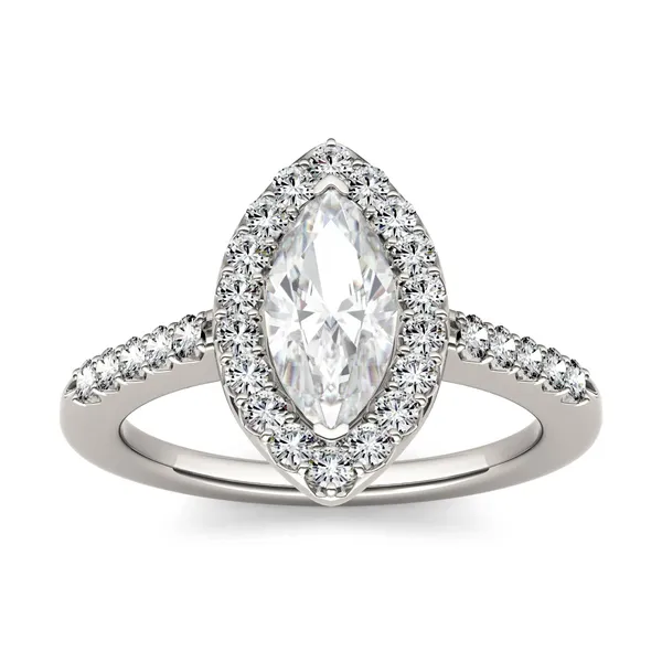 1.36 CTW DEW Marquise Forever One Moissanite Halo with Side Accents Engagement Ring in 14K White Gold