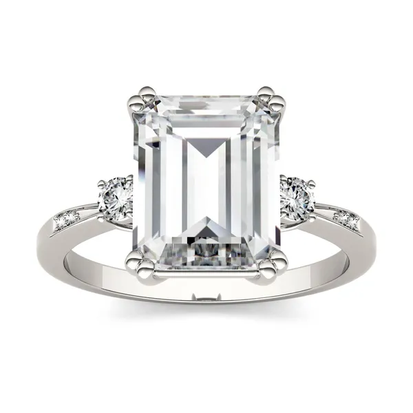 3.69 CTW DEW Emerald Forever One Moissanite Solitaire with Side Accents Engagement Ring in 14K White Gold