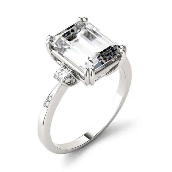 3.69 CTW DEW Emerald Forever One Moissanite Solitaire with Side Accents Engagement Ring in 14K White Gold
